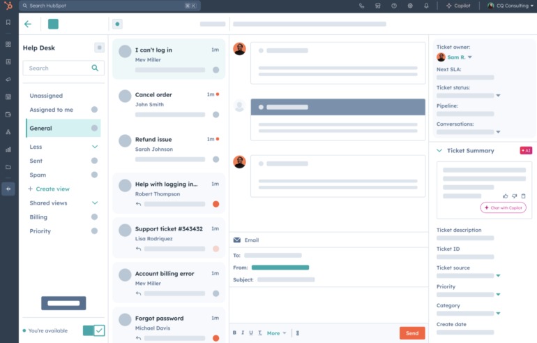 HubSpot help desk dashboard with AI Copilot assisting ticket management.